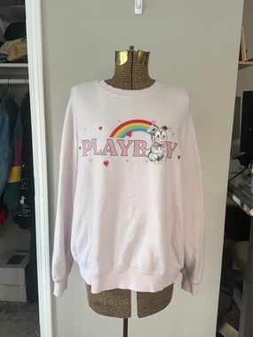 PLAYBOY by Pacsun Light Pink Rainbow Bunny Crewneck Sweatshirt, One Size